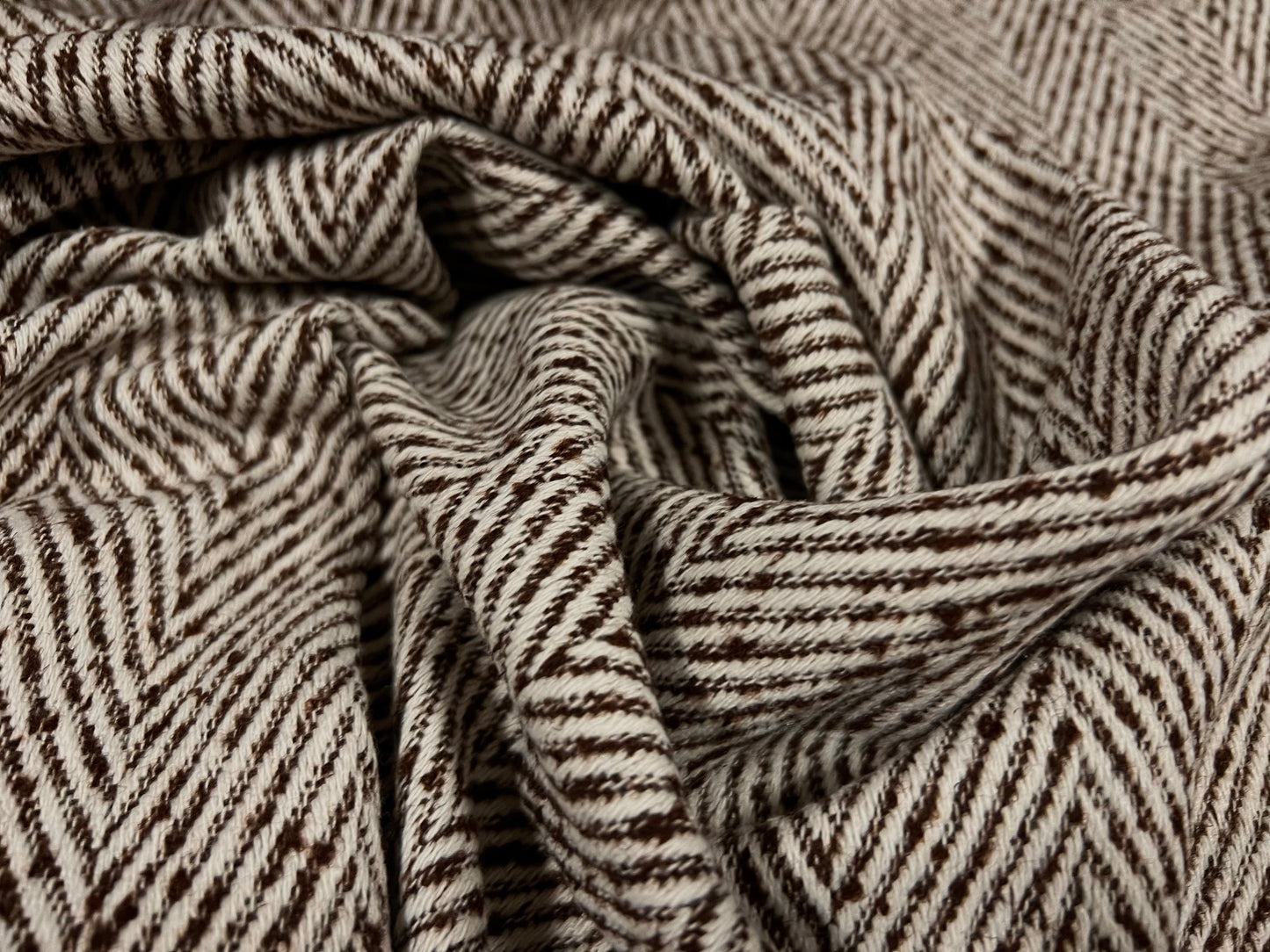 Wool jacquard woven fabric, per metre - herringbone slub - brown & ecru