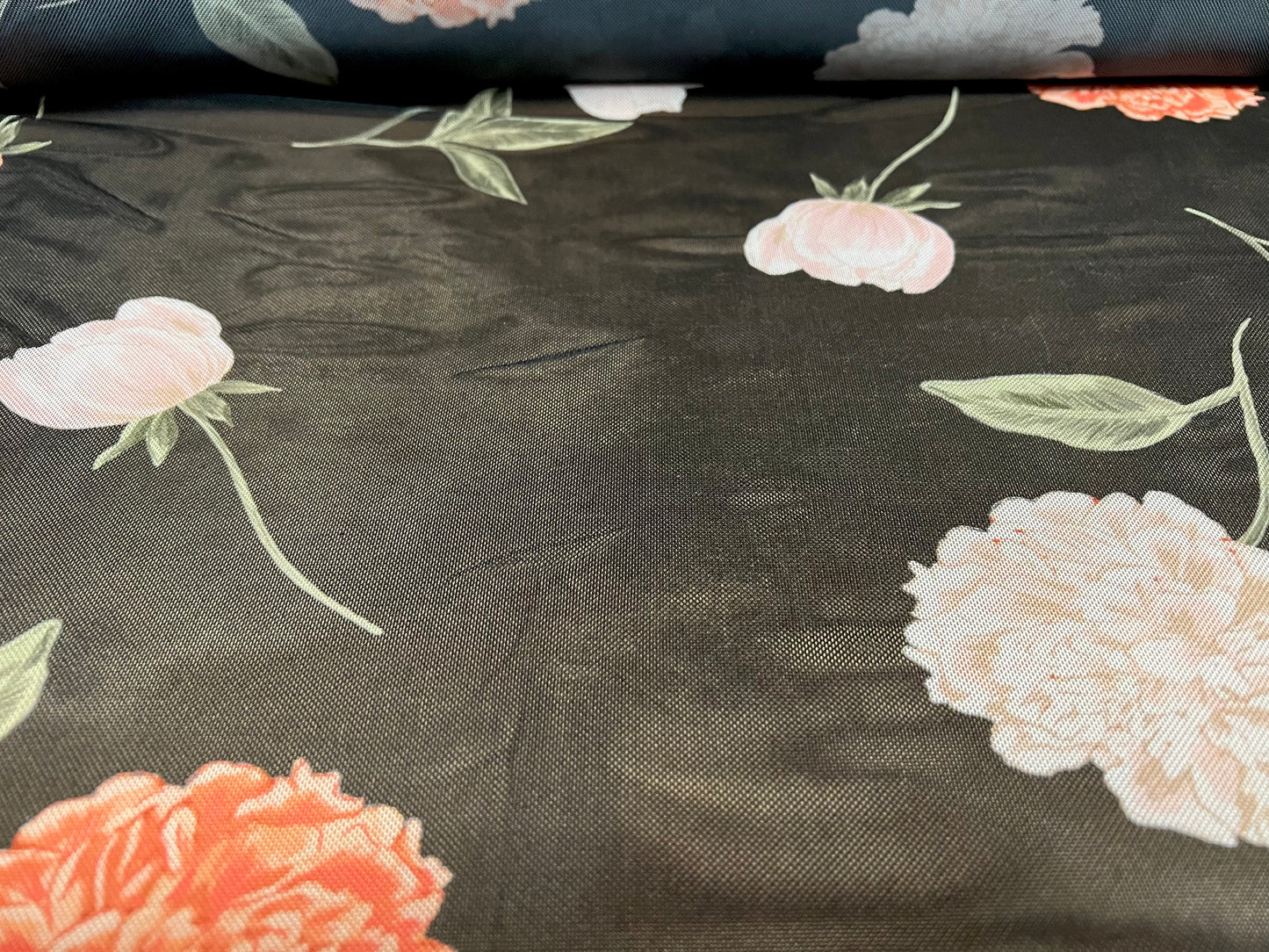 Power mesh net stretch spandex fabric, per metre - carnation flower print - black orange & pink