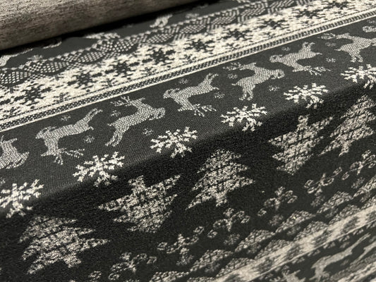 Super soft knitwear jersey fabric, per metre - Christmas Trees & Reindeers print - grey