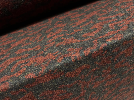 Wool jacquard woven fabric, per metre - abstract swirl - charcoal grey & dark red