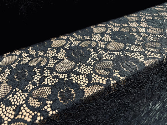 Stretch spandex lace dress fabric with scalloped selvedge, per metre - floral - corded - black