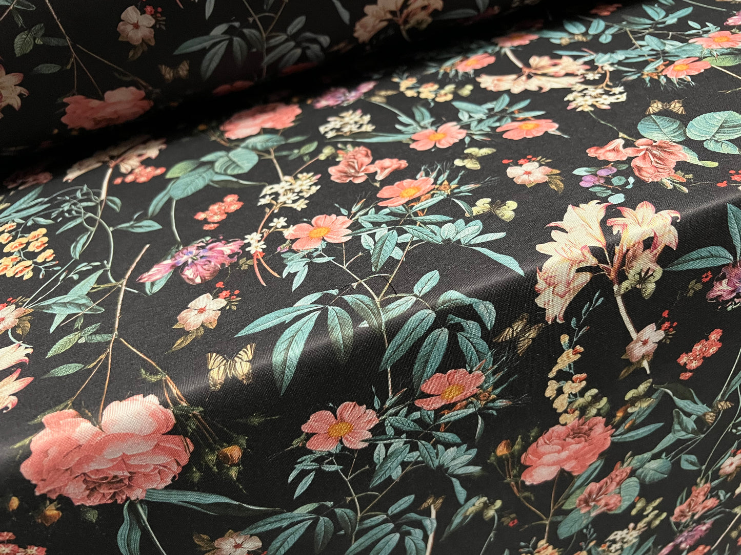 Scuba stretch spandex double jersey fabric, per metre - floral print - charcoal grey