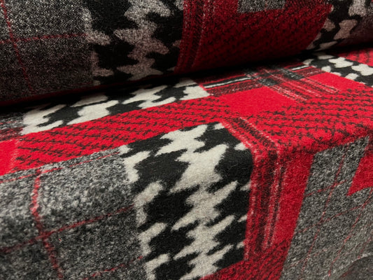 Montana - Wool mouflon flannel fabric, per metre - jumbo houndstooth patchwork design - red & black