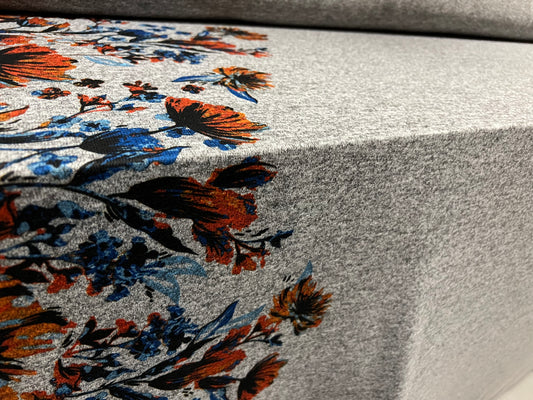 Super soft knitwear jersey fabric, per metre - flower double border print - grey marl orange & turquoise