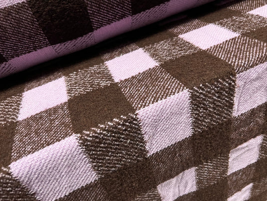 Wool bouclé coat jacket fabric, per metre - check plaid - brown & lilac