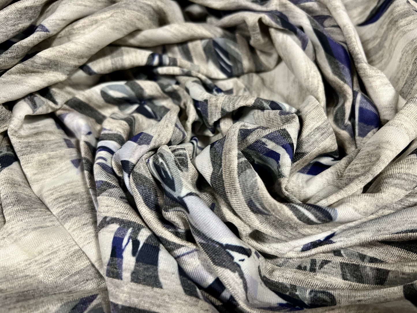 Soft handle ringspun single jersey fabric, per metre - floral stripe print - grey marl & blue