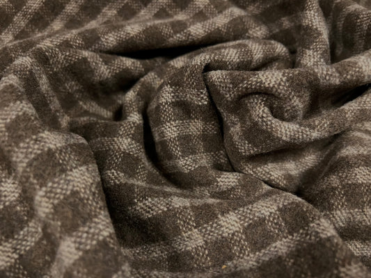 Wool flannel mouflon brushed woven fabric, per metre - gingham check - brown & stone