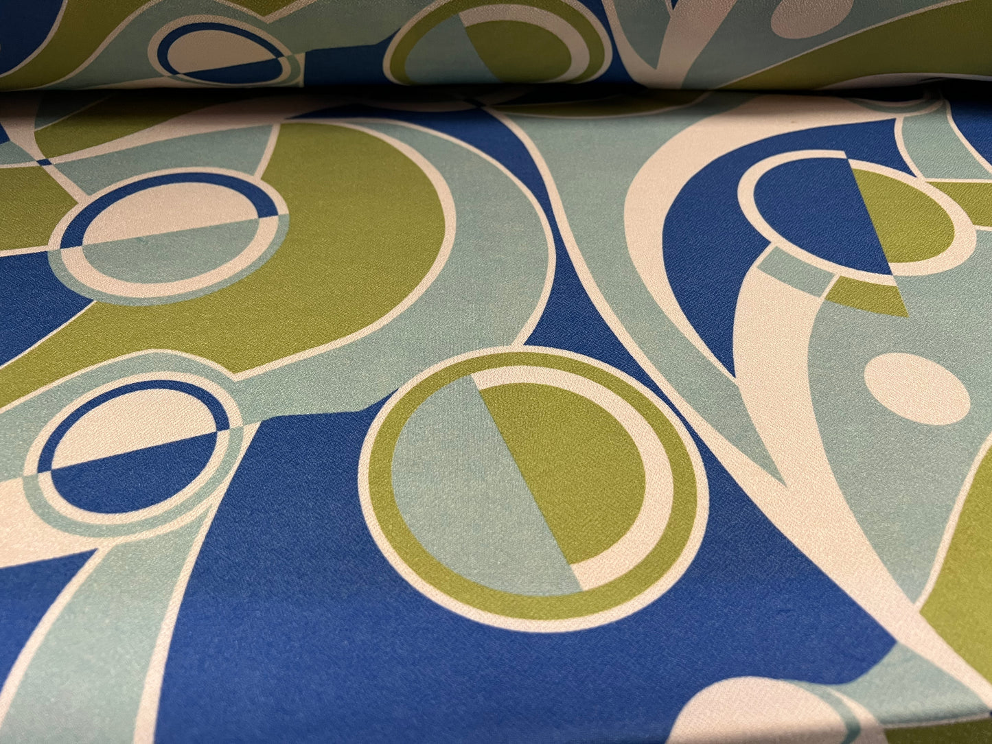 Valentino spandex stretch crepe jersey fabric - similar to scuba - per metre - 60s retro print - cream turquoise blue & green