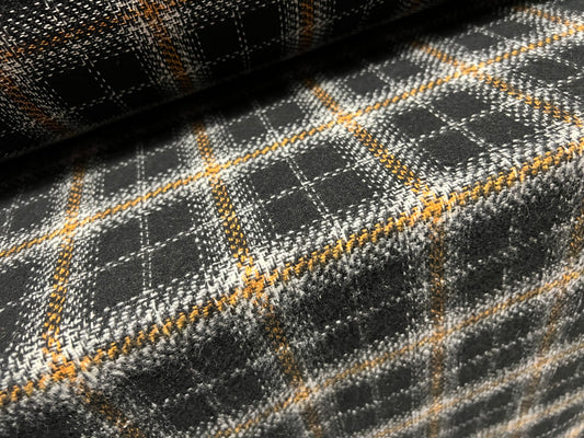 Wool mouflon flannel fabric, per metre - tartan check - black & amber