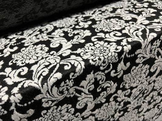 Double jersey spandex knitwear dress fabric, per metre - floral damask jacquard - black and white