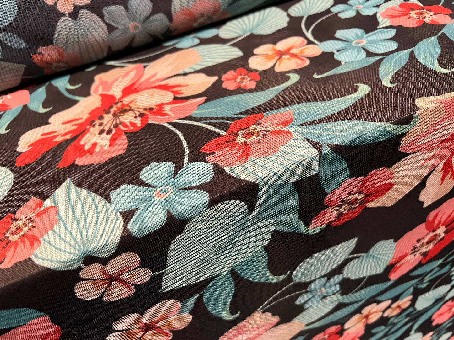 Power mesh net stretch spandex fabric, per metre - tropical flowers print - black jade & pink print