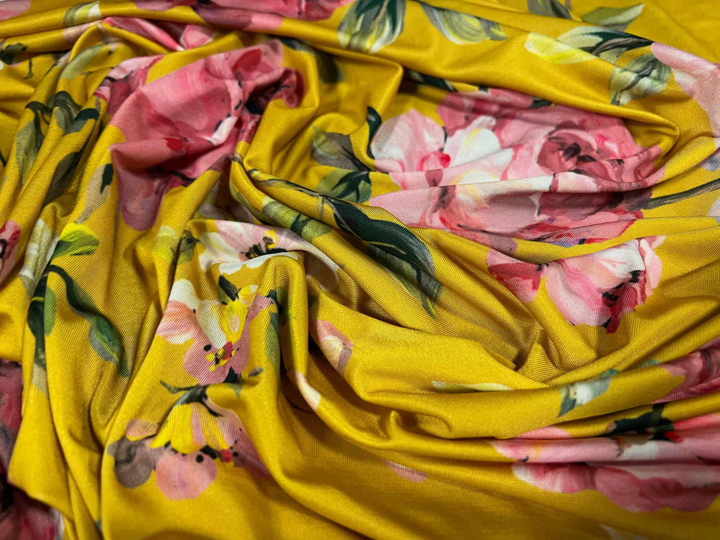 Soft touch stretch spandex jersey fabric, per metre - rose flower print - mustard & pink