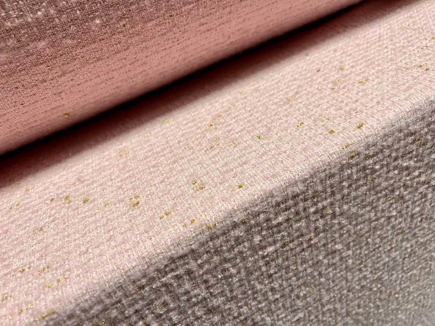 Wool blend bouclé heavyweight fabric with lurex sparkle, per metre - pink & gold metallic